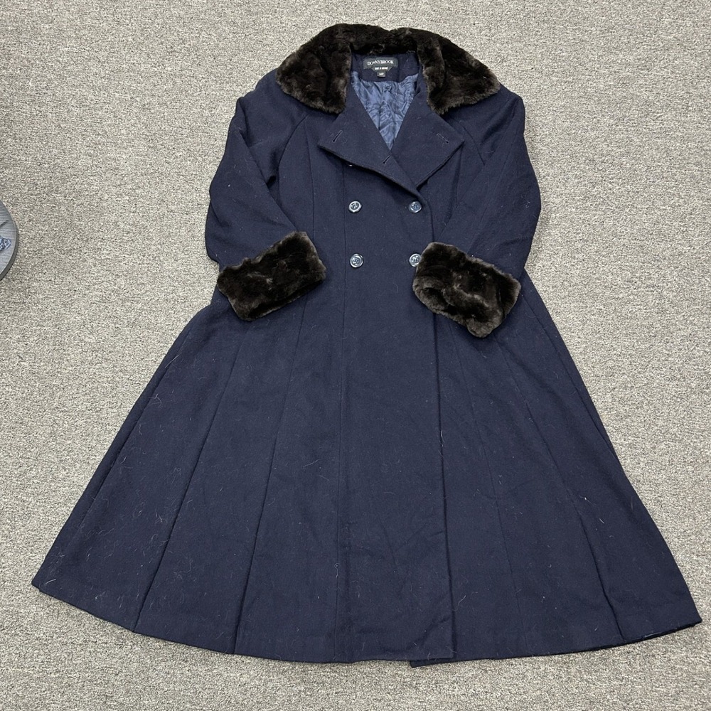 Donnybrook Faux Fur Trim Coat Womens Navy Blue Double Breasted Pleated Skirt